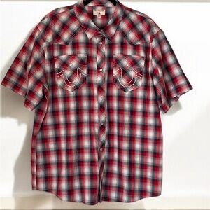 TRUE RELIGION PLAID SHIRT SHORT SLEEVE WESTERN WOVEN POCKETS NEOT MENS 3XL